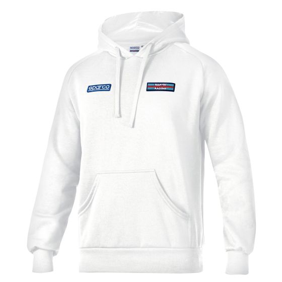 White hoodie featuring a front pocket, drawstring hood, and blue and red "Martini Racing" logo with "Sparco" branding on the chest.