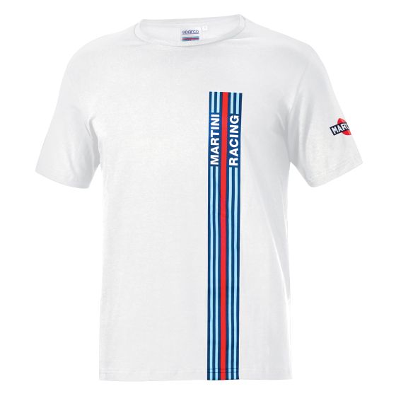 White cotton t-shirt featuring bold blue and red vertical stripes, "MARTINI RACING" text, and a red Sparco logo on the left sleeve.