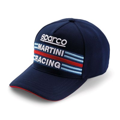 Blue flat peaked cap featuring "Sparco" logo and "MARTINI RACING" text with red and light blue stripes, made of durable fabric with a contrasting red brim.