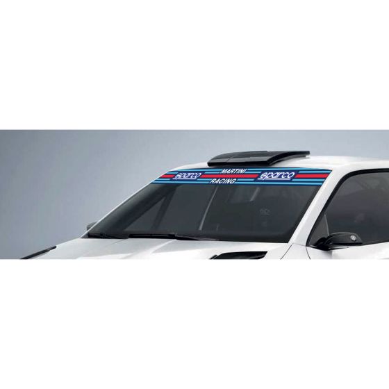Sparco Martini Racing front sun visor strip featuring a bold design with blue, red, and white stripes, made from durable material, enhancing automotive aesthetics.