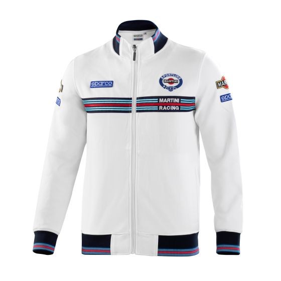 White full zip sweatshirt by Sparco, featuring blue and red stripes, embroidered Martini Racing logo, and patches on sleeves, made from soft material, size L.