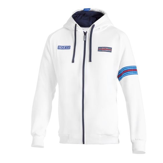 White hooded sweatshirt featuring the Sparco logo, Martini Racing stripes in blue and red, and a navy inner lining, size M.