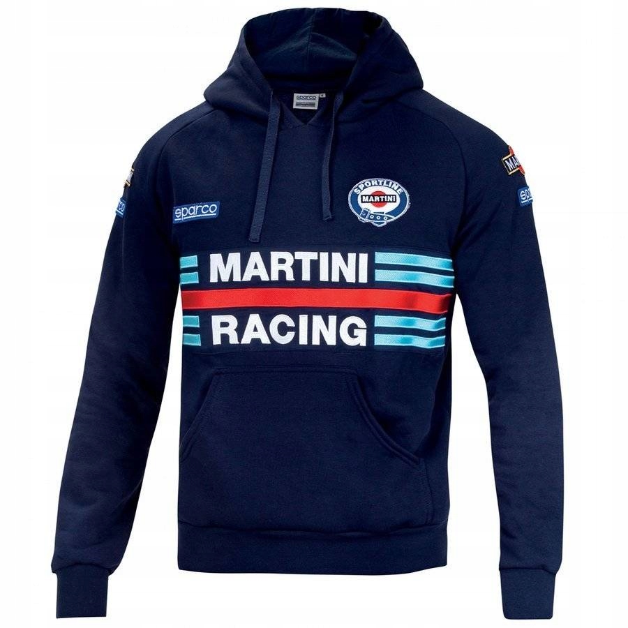 Navy hoodie featuring the Martini Racing logo, bold horizontal stripes in red and blue, and Sparco branding on the sleeves, made from soft material with a drawstring hood.