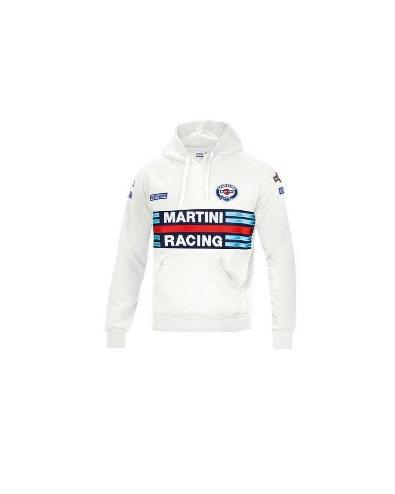 White Sparco hoodie featuring a blue and red Martini Racing logo across the chest, with a drawstring hood and kangaroo pocket, made from soft material in a medium size.