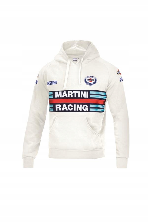 White Sparco hoodie featuring a large "MARTINI RACING" graphic in blue and red across the chest, with a drawstring hood and logo patches on the sleeves.