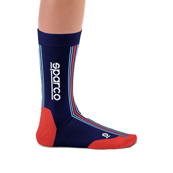 Navy blue socks featuring the Sparco logo in white, with red and blue stripes along the sides, designed for racing, available in size L/XL.