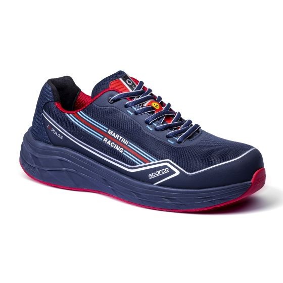 Blue Sparco Martini Racing Impulse safety shoes in size UK 9.5/Eur 44, featuring a textured upper, red accents, and a cushioned sole for comfort and support.