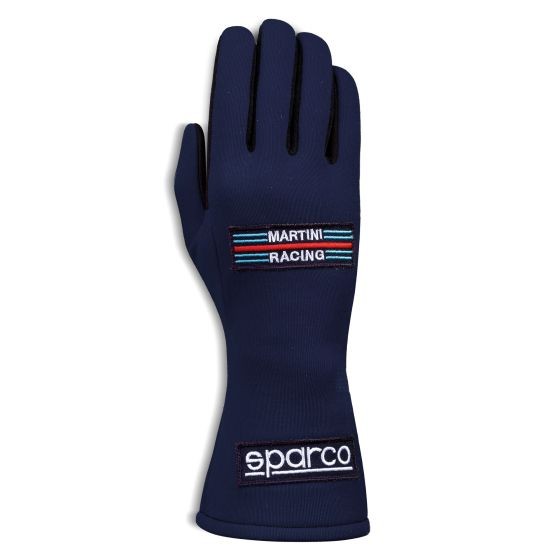Navy blue racing gloves featuring the "Martini Racing" logo and "Sparco" branding, made from a flexible material with a snug fit, designed for classic motorsport use.