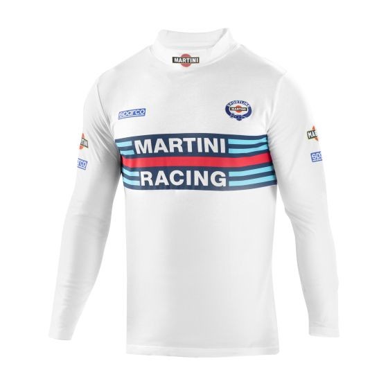 White long sleeve t-shirt featuring the "MARTINI RACING" logo in blue and red stripes across the chest, with Sparco branding on the sleeves, made from a comfortable material.