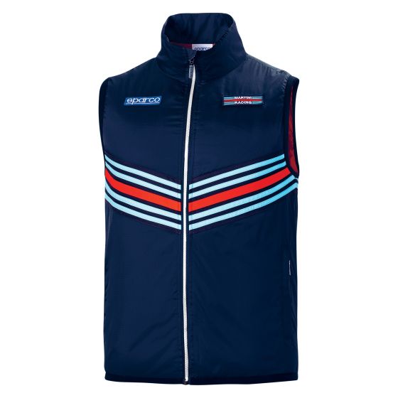 Navy blue gilet featuring a high collar, full zip, and bold red and light blue racing stripes across the chest, made from lightweight material, size XL.