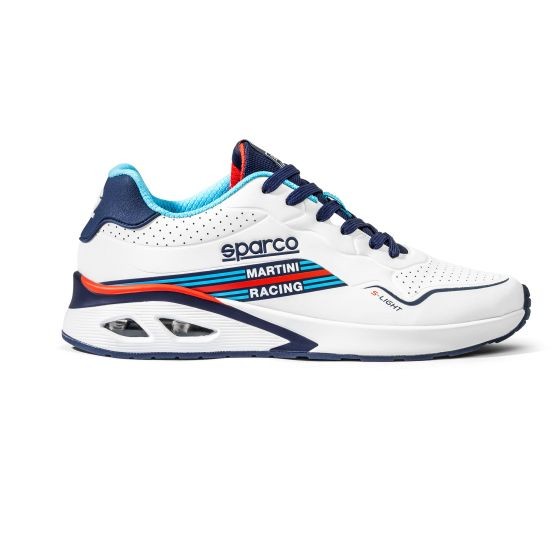 White athletic shoes with blue and red accents, featuring a perforated design, "Sparco" and "Martini Racing" branding, and a cushioned sole, size UK 9.5 / EUR 44.