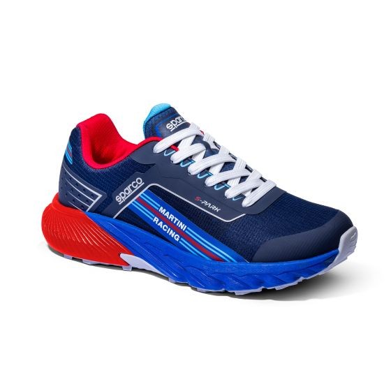 Sparco Martini Racing S-Park safety shoes in blue and red, featuring a breathable mesh upper, white laces, and a sporty design, size UK 10.5 / EUR 45.