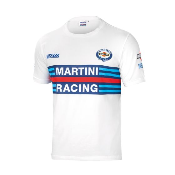 White cotton t-shirt featuring blue and red horizontal stripes with "MARTINI RACING" text, Sparco logo on the chest, and a round neckline, size XL.