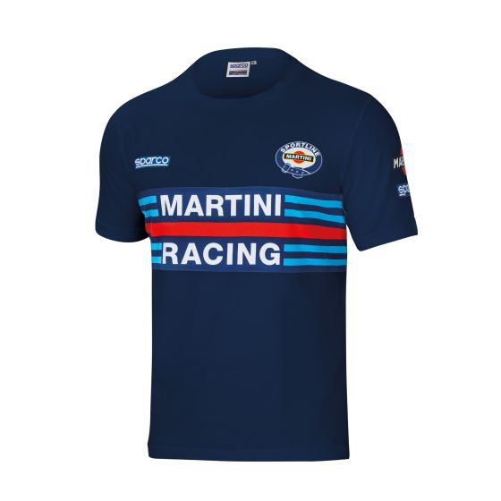 Navy blue Sparco T-shirt featuring a bold "MARTINI RACING" graphic in red and blue stripes, made from soft material with short sleeves and a round neckline.