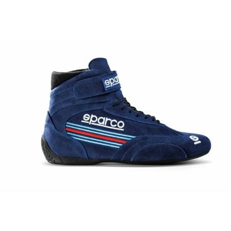 Navy blue Sparco Martini Racing Top Race Boots in size UK 13/Eur 48, featuring a suede material, lace-up design, and distinctive red and light blue racing stripes.