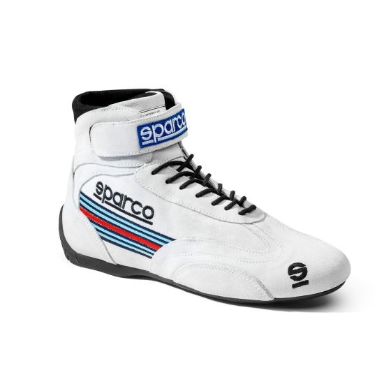 White Sparco Martini Racing Top Race Boots feature a sleek design with blue and red stripes, a high-top silhouette, and a Velcro strap, available in UK size 9 / EUR 43.