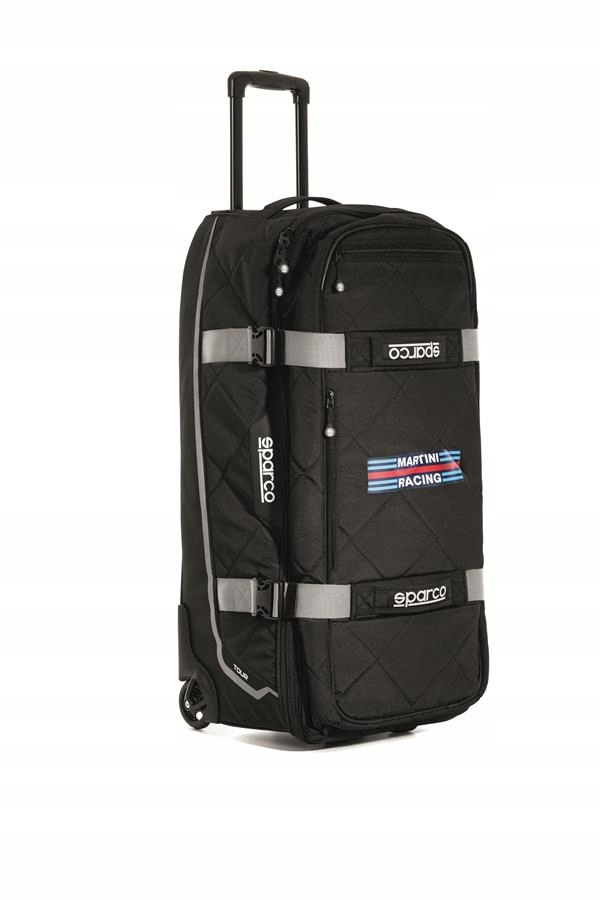 Red Sparco Martini Racing Tour Kit Bag with a quilted design, featuring a retractable handle, wheels for easy transport, and the Martini Racing logo prominently displayed.