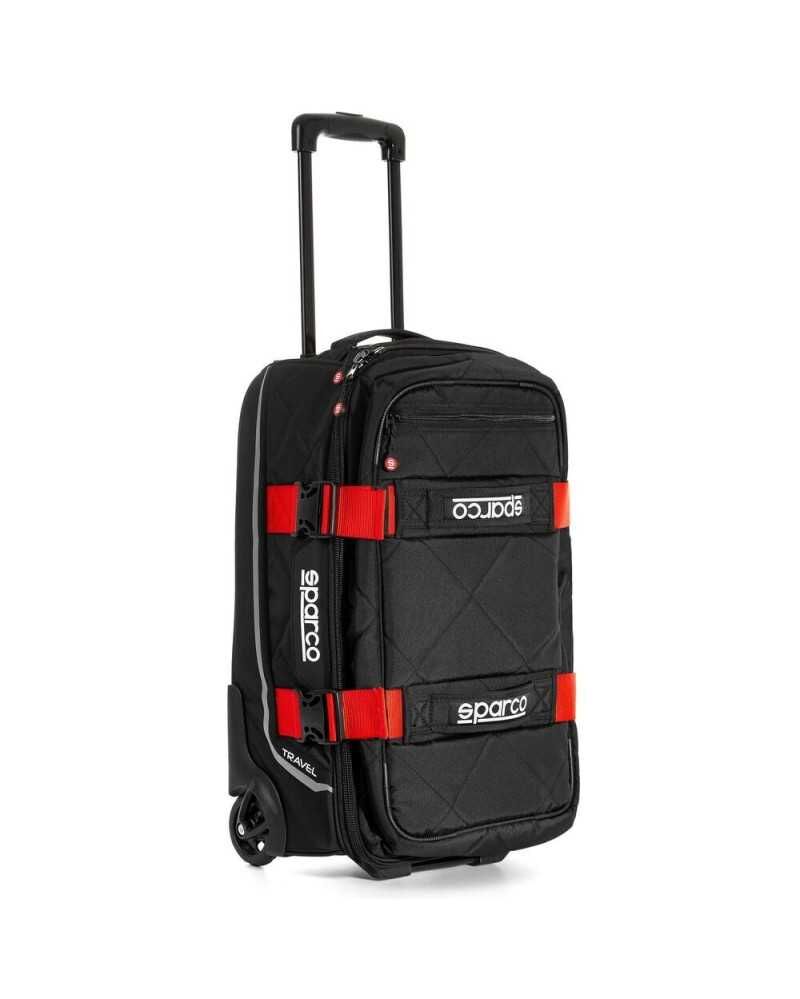 Red and black Sparco Martini Racing travel kit bag with a quilted design, retractable handle, and wheels for easy transport, featuring prominent Sparco branding.