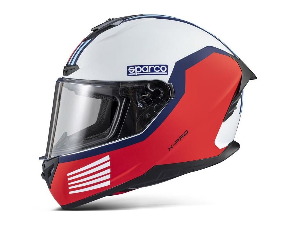 Sparco X-pro Martini Racing helmet in white, red, and blue, featuring a sleek design, clear visor, and ECE 22.06 homologation, size M.