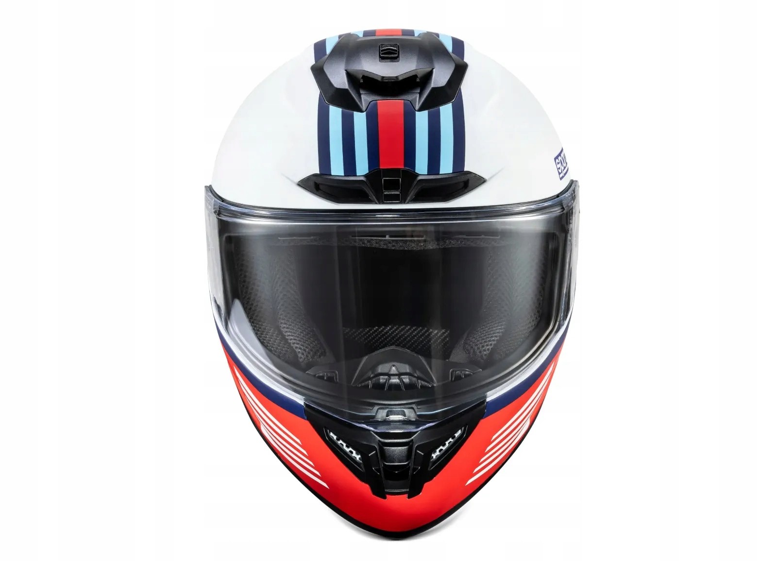 White helmet with red and blue Martini Racing stripes, featuring a clear visor, aerodynamic design, and ECE 22.06 homologation, size XL by Sparco.