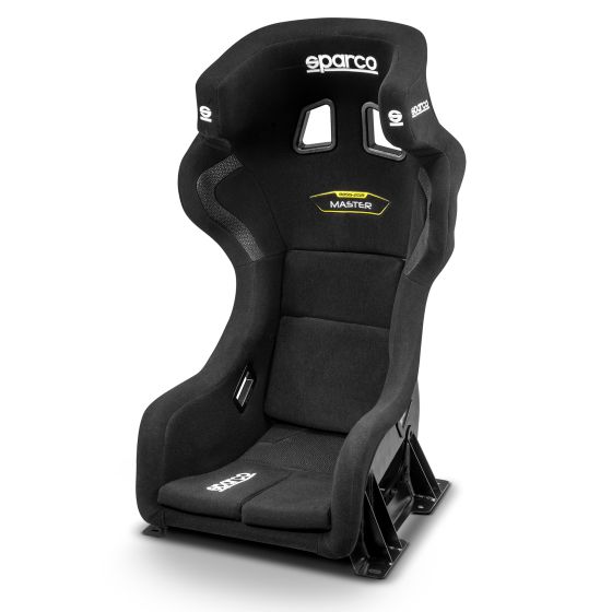 Black fibreglass racing seat with a sleek design, featuring a high back, side bolsters, and yellow "MASTER" logo, upholstered in soft, durable fabric for comfort and support.
