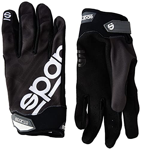 Black Sparco Meca 3 gloves in large size, featuring a sleek design with a prominent white logo, made from durable material with a textured grip on the palms.