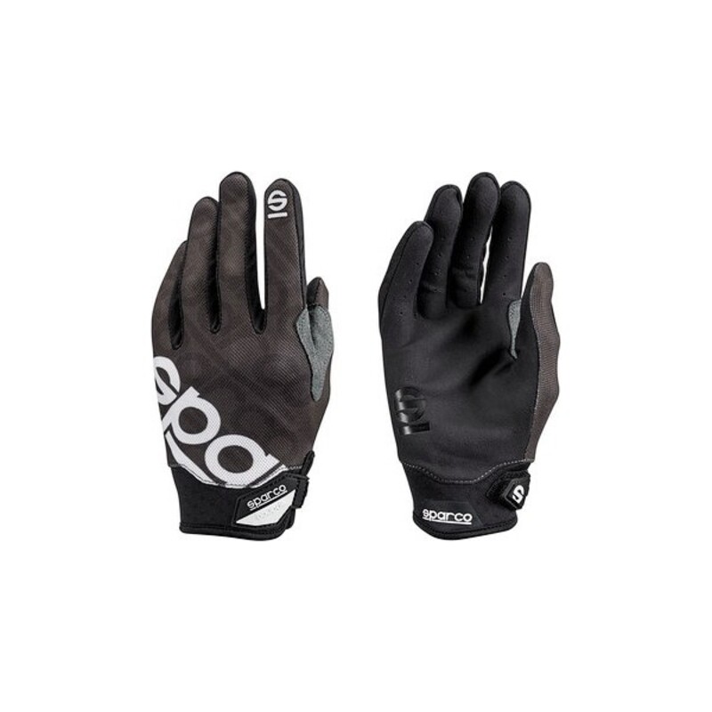 Black Sparco Meca 3 gloves in size 10, featuring a textured grip, reinforced palm, and logo detailing on the back and wrist for enhanced performance and style.