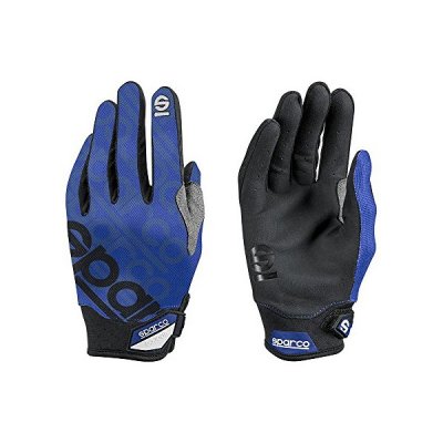 Blue Sparco Meca 3 gloves, size 10, featuring a textured blue fabric back, black synthetic palm, and reinforced fingertips for enhanced grip and durability.