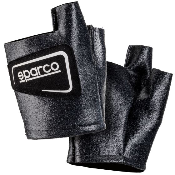 Black Sparco Meca Over Gloves featuring a textured finish, open fingers, and a prominent black and white Sparco logo on the back.
