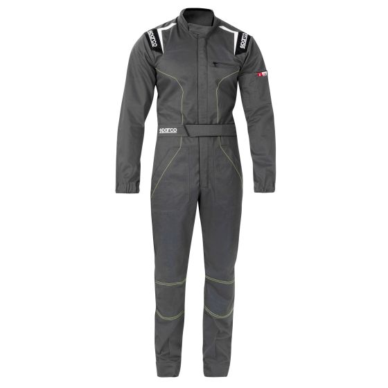 Grey Sparco MS-4 mechanics overalls in XXL size, featuring contrasting yellow stitching, a zip front, and shoulder patches for added style and functionality.