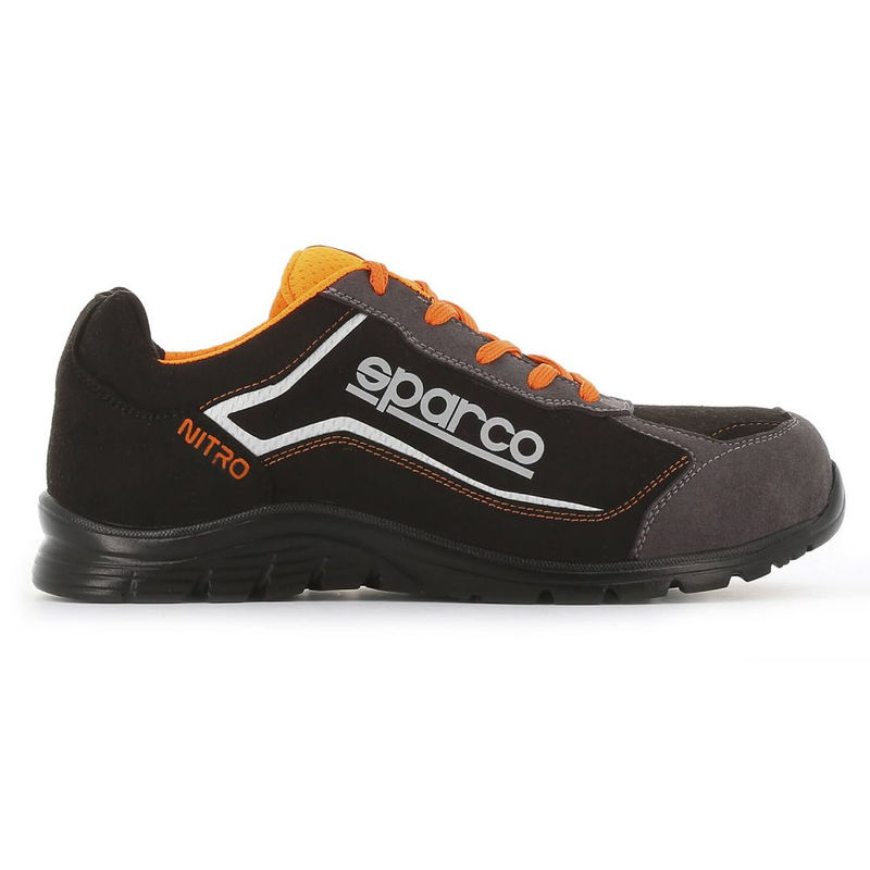 Sparco Nitro S3 SRC safety shoes in black and grey with orange accents, featuring a sleek design, padded collar, and durable rubber sole, size UK 12 / EUR 47.