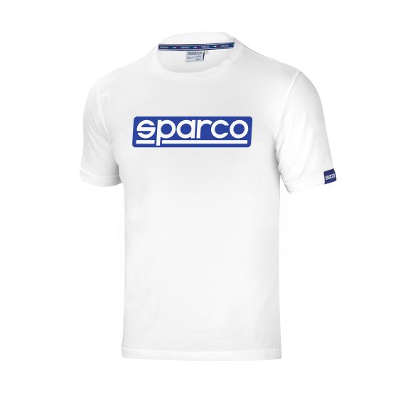 White cotton t-shirt featuring a bold blue "sparco" logo across the chest and a small blue logo on the sleeve, with a classic crew neck design.