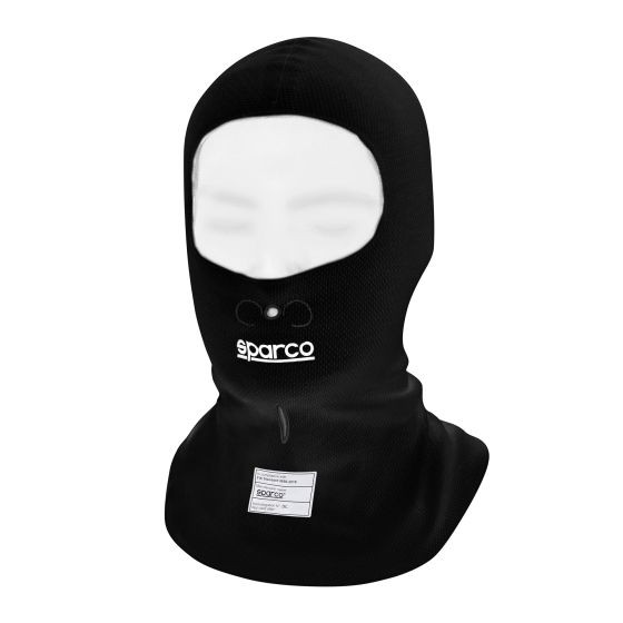 Black Sparco Pista balaclava made from breathable material, featuring a snug fit, a logo on the front, and openings for the eyes and mouth.