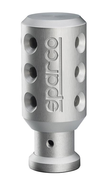 Sparco 03741BT01 shift knob in silver, featuring a cylindrical design with multiple holes and an engraved logo, made from durable metal for enhanced grip and style.