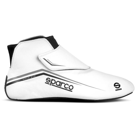 White Sparco Prime Evo race boots in UK size 8/Eur 42, featuring a sleek design, black accents, a velcro strap, and a lightweight, flexible material for optimal performance.