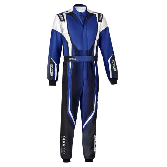 Black and blue Sparco Prime-K Advanced Kart Suit, size 48, featuring a sleek design with white accents, a zip front, and Sparco branding on the sleeves.
