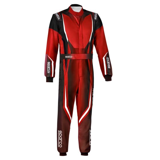 Black and red Sparco Prime-K Advanced Kart Suit, size 52, featuring a sleek design with contrasting colors and prominent branding on the sleeves and chest.