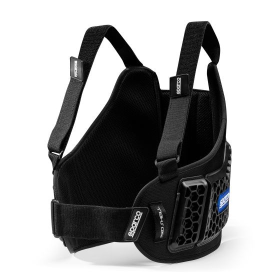 Black Sparco Pro Shell Rib Protector in size L, featuring a breathable mesh design, adjustable straps, and a protective molded shell for enhanced safety and comfort.