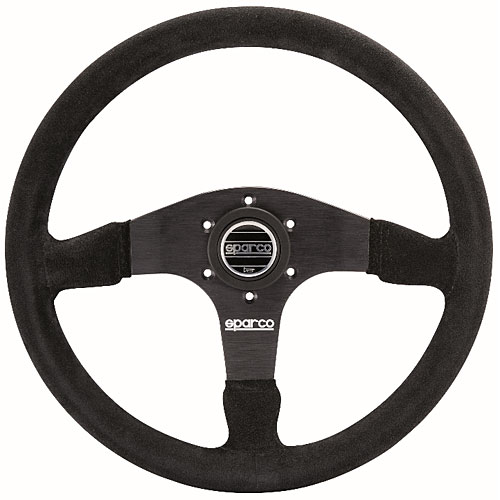 Black suede steering wheel with a 375mm diameter, featuring a three-spoke design and a central Sparco logo, ideal for racing and performance vehicles.