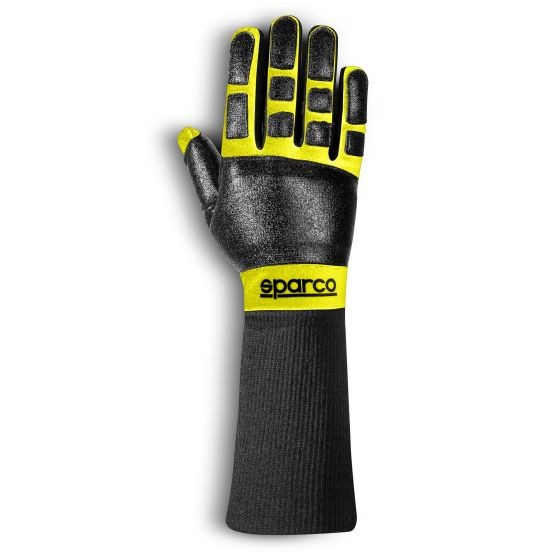 Fluro yellow fireproof mechanics gloves with black textured palm and wrist, featuring Sparco branding and a snug fit, size M.