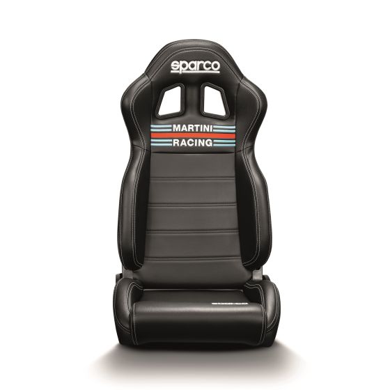 Black Sparco R100 racing seat featuring a sleek design, padded upholstery, and "MARTINI RACING" logo with colorful stripes on the backrest.