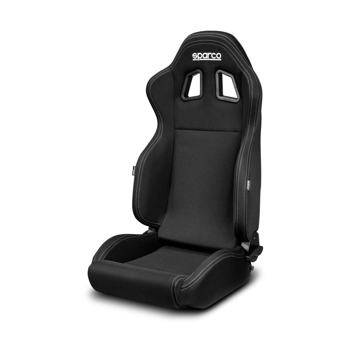 Black racing seat with a sleek design, featuring a padded base, side bolsters, and two cut-out headrest openings, accented with white stitching and the Sparco logo.