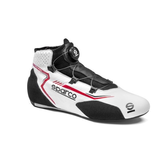 White and black Sparco Rapid Race Boots featuring a sleek design, a secure lace-up system, and a prominent Sparco logo, sized UK 7 / EUR 41.
