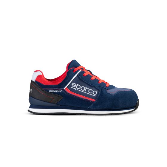 Blue and red Sparco Gymkhana S3 ESD SRC safety shoes, featuring a suede upper, padded collar, red laces, and a durable rubber sole, size UK 7 / EUR 41.
