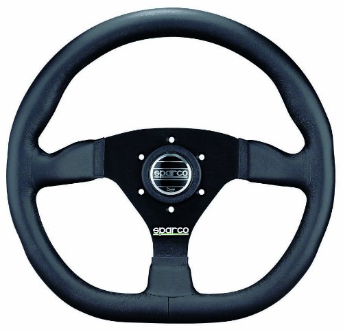 Black leather steering wheel ring with a sleek design, featuring a central Sparco logo and multiple holes for grip, ideal for enhancing driving experience.