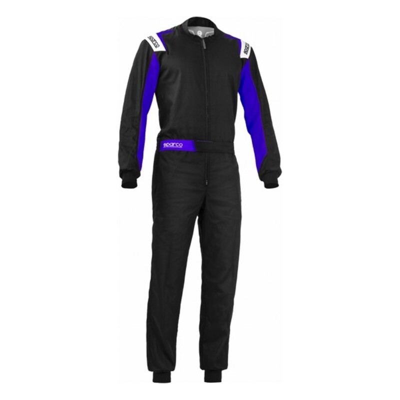 Black racing suit with blue accents, featuring a zip front, long sleeves, and elastic cuffs, designed for comfort and performance by Sparco.