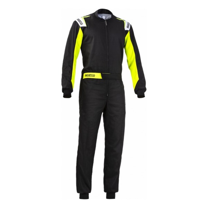 Black kart suit with fluro yellow accents, featuring a zip front, long sleeves, and Sparco branding on the shoulders and waist, designed for racing enthusiasts.