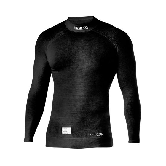 Black long sleeve top made of breathable material, featuring a fitted design and Sparco branding on the chest, available in size L.