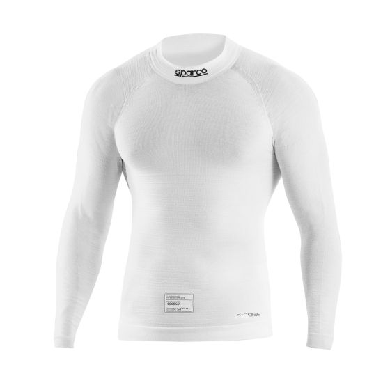 White long sleeve top made from breathable material, featuring a round neckline and fitted design, labeled with Sparco branding and size S.