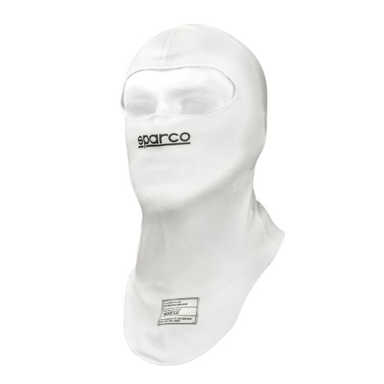 White Sparco RW-4 balaclava made of breathable material, featuring a front opening for the eyes and a logo printed across the forehead.